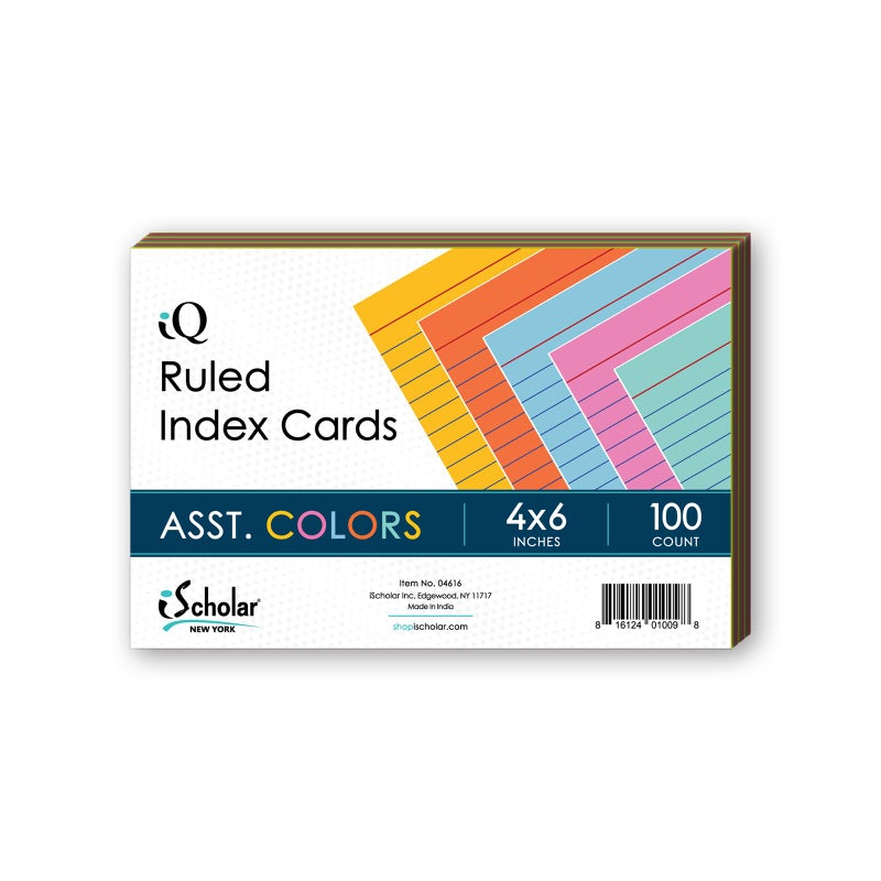 iScholar Index Cards, Assorted Colored, Ruled, 4 x 6 Inches, 100 Card Pack (04616) - Image 1